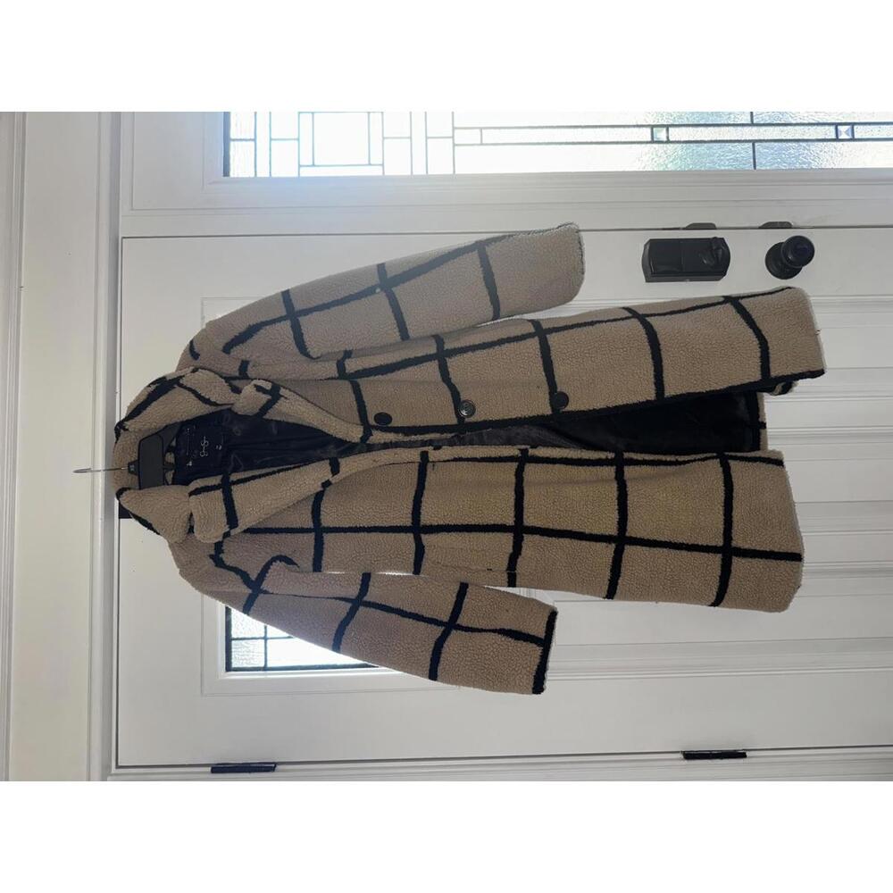 Women's Long Beige and Black Checkered Coat
